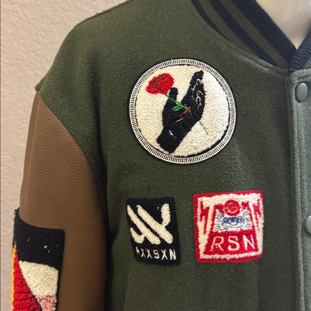 Reason Green And Brown Patchwork Varsity Jacket M… - image 4
